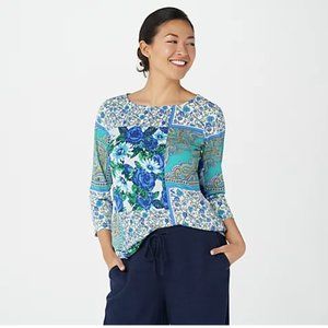 Susan Graver Printed Liquid Knit 3/4 Sleeve Bateau Neck Top